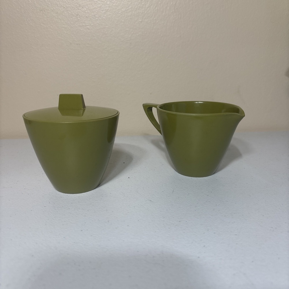 Vintage Allied Chemical Melmac Melamine Olive Avocado Green Cream & Sugar Bowl